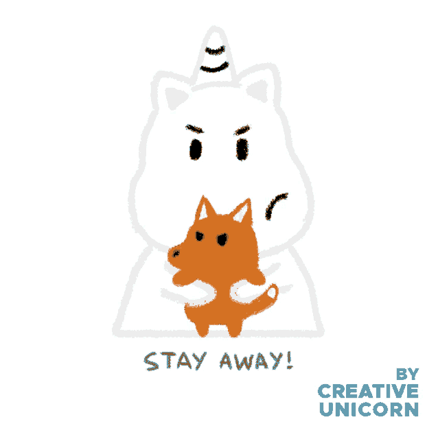 an illustration of a unicorn holding a fox with the words stay away written below it