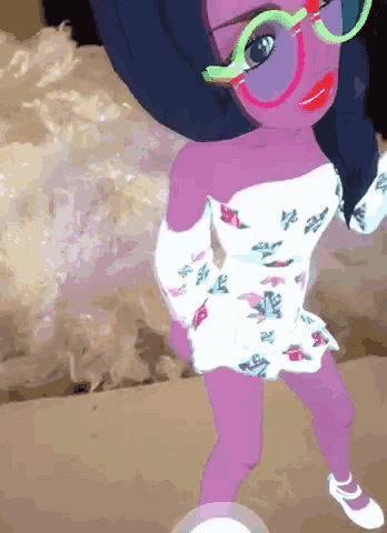a cartoon of a woman wearing glasses and a floral dress
