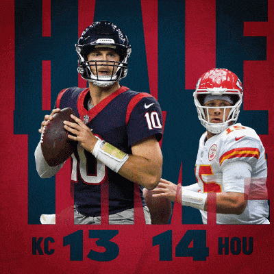two football players on a red and blue background with the words kc 13 14 hou