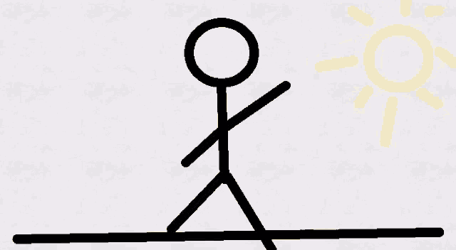 a stick figure is standing on a line with a yellow sun in the background
