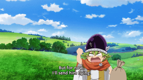 a cartoon character says " but for now i 'll send him flying " in front of a green field