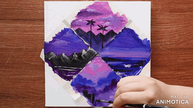 a person is painting a purple and black landscape with the words made in animatica below it