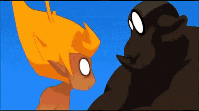 two cartoon characters are standing next to each other and looking at each other with a blue sky in the background .
