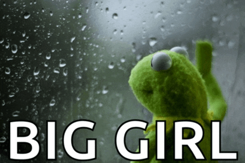 a kermit the frog looking out a window with the words big girl written below him