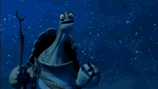 a turtle is holding a stick in front of a blue background with stars