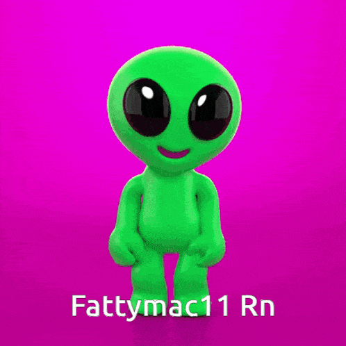 a green alien is standing on a purple background with the name fattymac11 rn written on the bottom