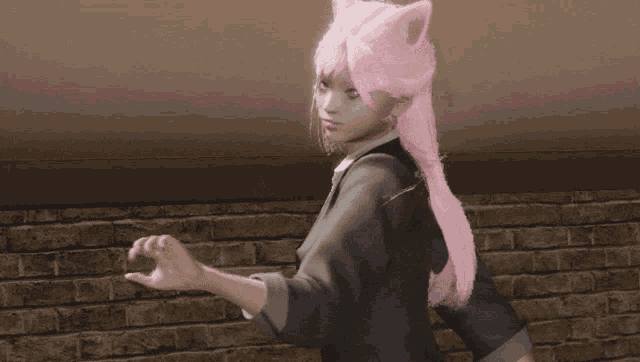 a girl with pink hair and cat ears is wearing a suit