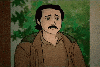 a cartoon drawing of a man with a mustache looking sad