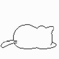 a pixel art of a cat laying on its back with a pink nose .