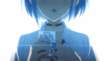 a girl with blue hair is holding a card that says " milk "