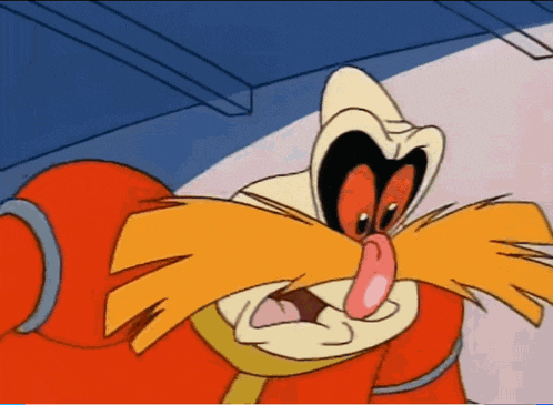 a cartoon character with a mustache is making a funny face with his tongue out .