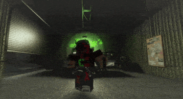 a video game character is holding a sword in a dark room with a neon sign that says ' apocalypse ' on it