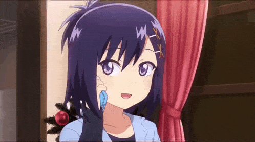 a purple haired anime girl is talking on a cell phone .