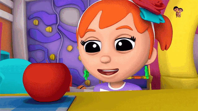 a cartoon girl with red hair is smiling while looking at a red apple