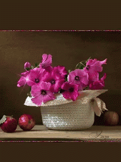 a vase of pink flowers sits on a table with apples