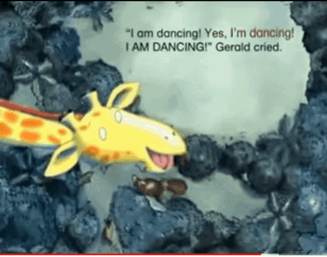 a cartoon giraffe says " i am dancing yes i am dancing "