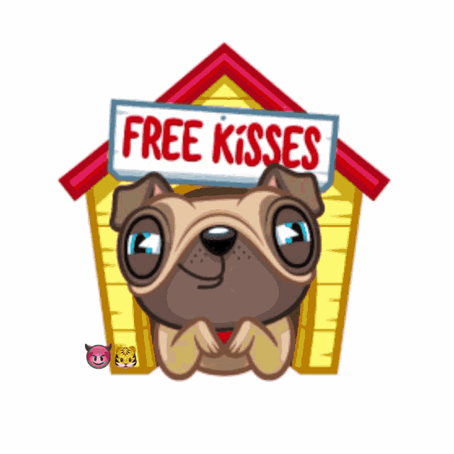 a pug dog is kissing under a sign that reads free kisses