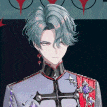 a man with blue hair is wearing a suit with a cross on the collar