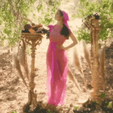 a woman in a pink dress is standing in front of a table with fruit on it
