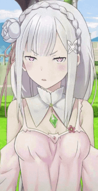 a girl with white hair and purple eyes is wearing a pink shirt
