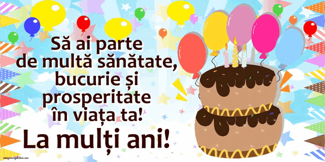 a birthday card with a cake and balloons and the words la multi ani