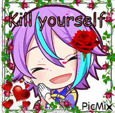a picture of a girl with purple hair and a red rose with the words kill yourself