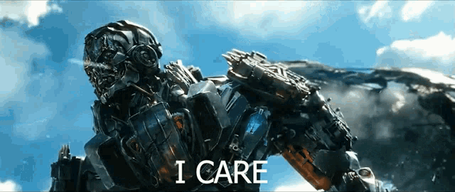 a robot is standing in front of a blue sky with the words i care below it