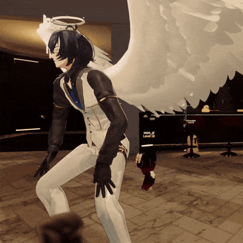 a video game character with angel wings and a halo
