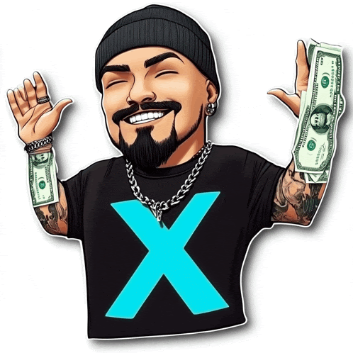 a cartoon of a man with a blue x on his shirt holding a dollar bill