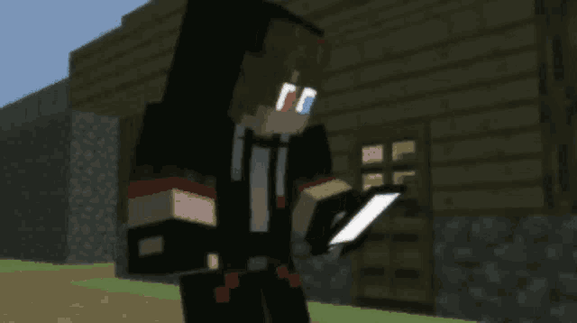 a minecraft character is holding a tablet in front of a building
