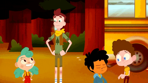 a group of cartoon characters standing in front of a yellow bus