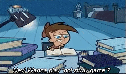 a cartoon character is sitting at a desk surrounded by books and saying `` hey ! wanna play `` not study game '' .