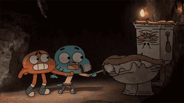 a cartoon of gumball and darwin standing next to a toilet in a cave