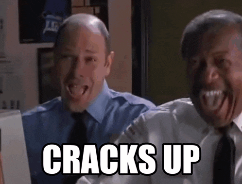 two men are sitting in front of a computer with the words cracks up written on the screen