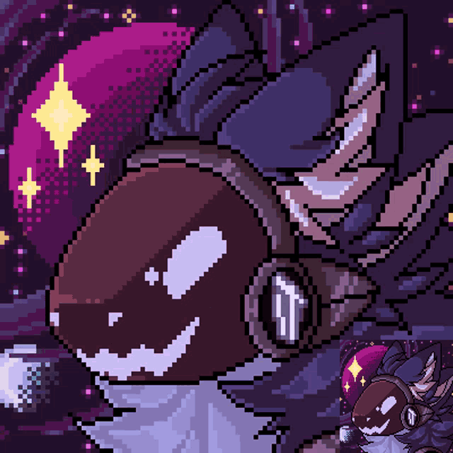 a pixel art drawing of a whale with a galaxy in the background