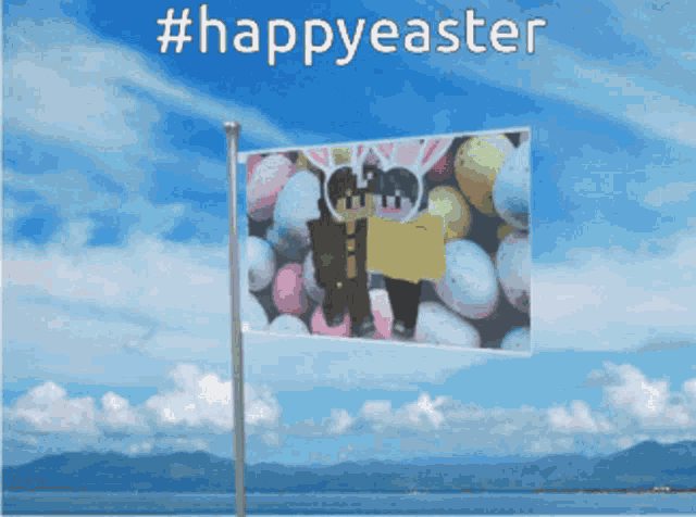a flag with a picture of easter eggs and the words #happyeaster above it