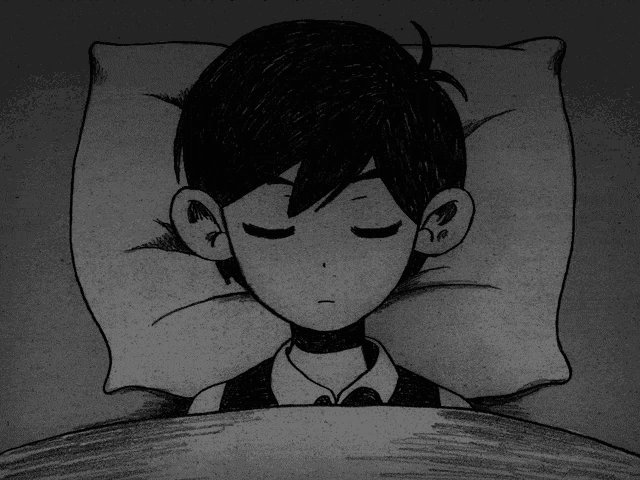 a black and white drawing of a boy sleeping on a bed