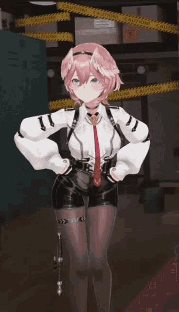 a girl with pink hair is wearing a white shirt and black shorts with a red tie