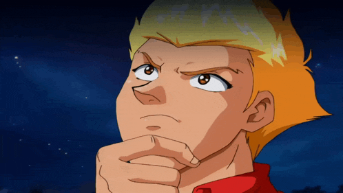 a cartoon character has his hand on his chin