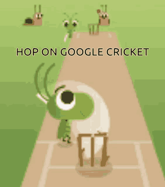 a cartoon of a grasshopper on a cricket field with the words hop on google cricket below it
