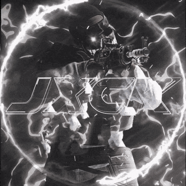 a man holding a gun in front of a circle with the word jack on it