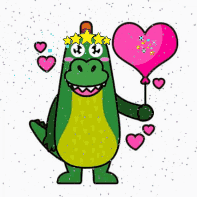 a cartoon crocodile holding a pink heart balloon
