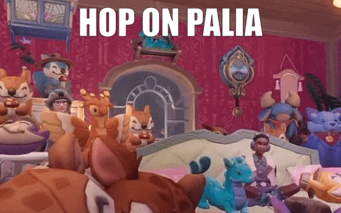 a bunch of stuffed animals are sitting on a bed with the words hop on palia above them