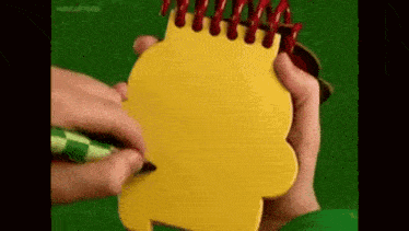 a person is holding a yellow notebook with a green marker .