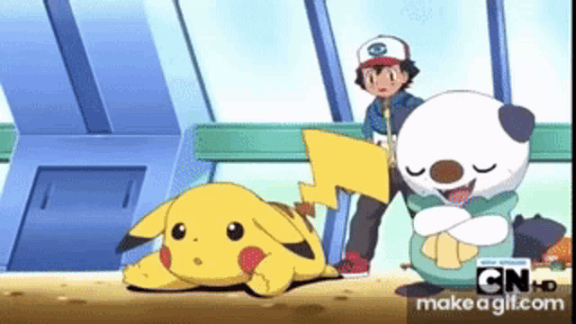 a cartoon character is laying on the ground next to a pokemon .