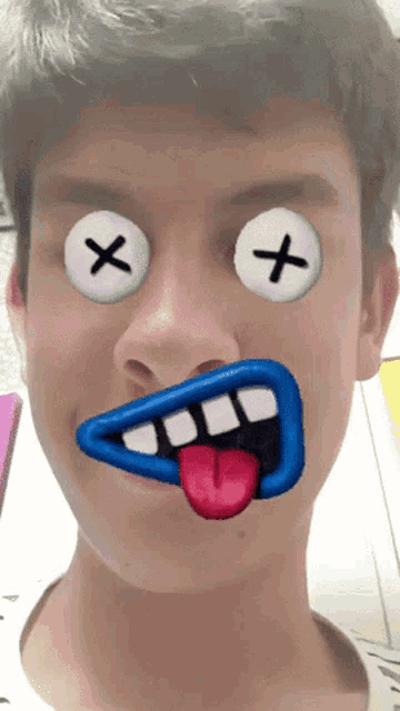a young man with a cartoon face on his face