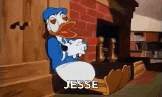 donald duck is sitting in front of a fireplace in a living room and saying `` jesse '' .