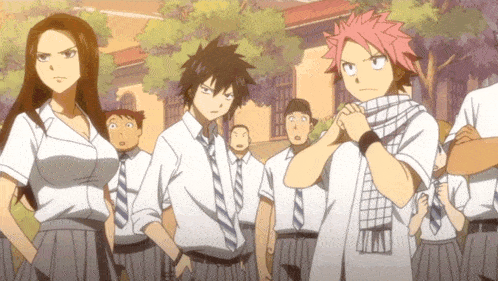 a group of anime characters are standing in front of a building with trees in the background