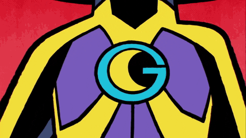 a cartoon character has a blue circle with the letter g in the middle