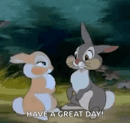 two rabbits from disney 's bambi are standing next to each other and talking .
